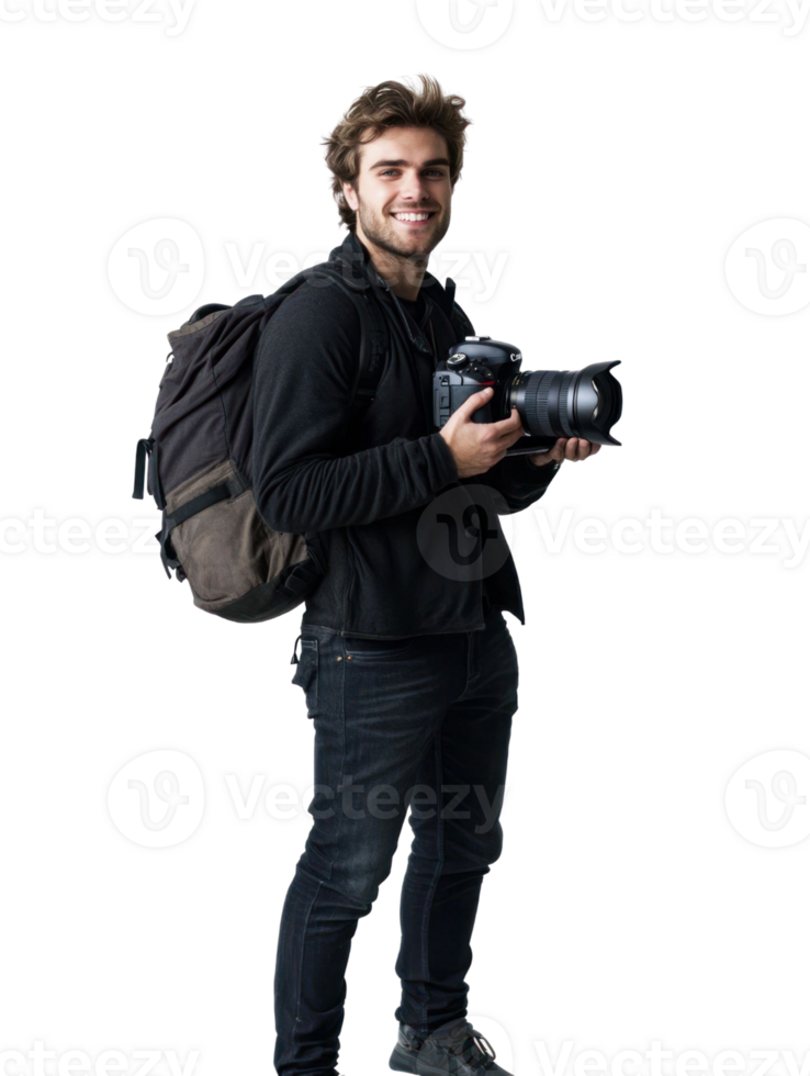 Smiling Man with Camera Backpack Posing Isolated on Transparent Background png