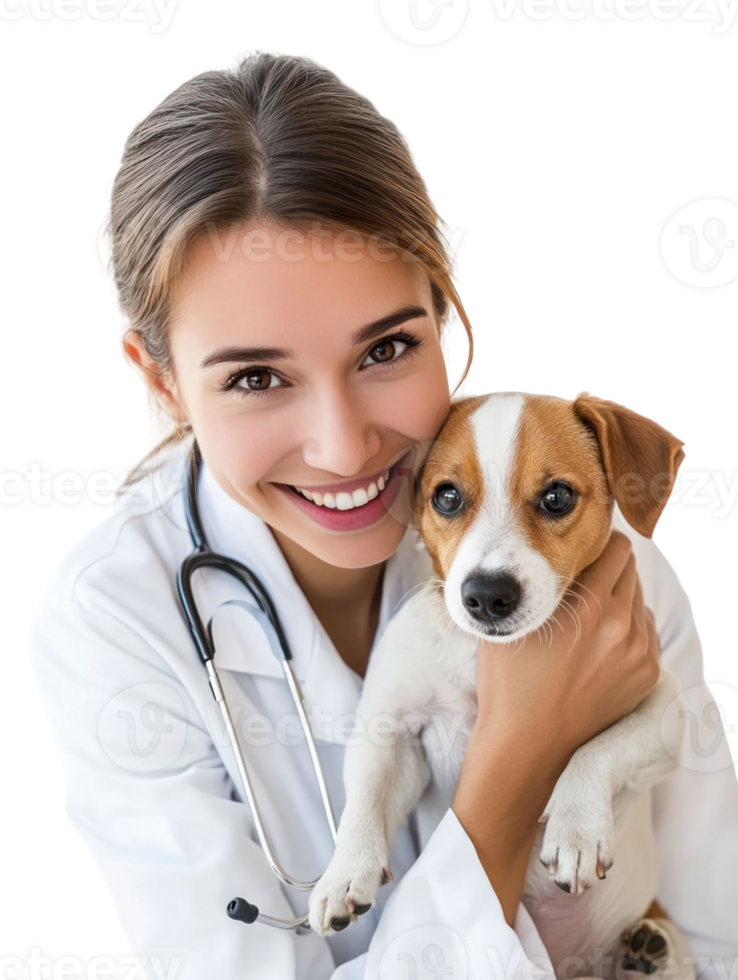Smiling Female Veterinarian in White Coat Holding a Puppy with a Stethoscope with Warm Lighting and a Transparent Background png