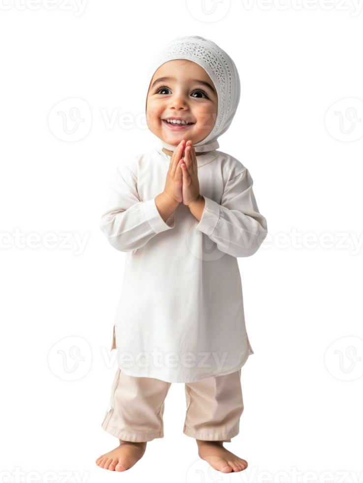 Smiling Toddler In White Attire With Hands Clasped On Transparent Background Studio Shot png