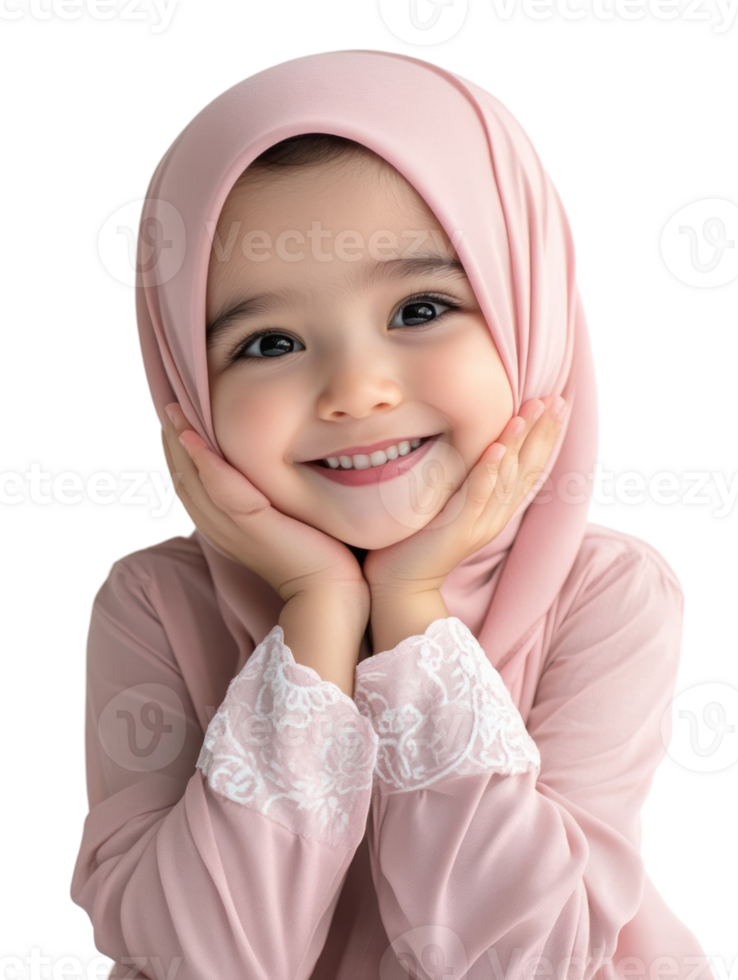 Smiling Little Girl In Pink Headscarf and Dress With Transparent Background png