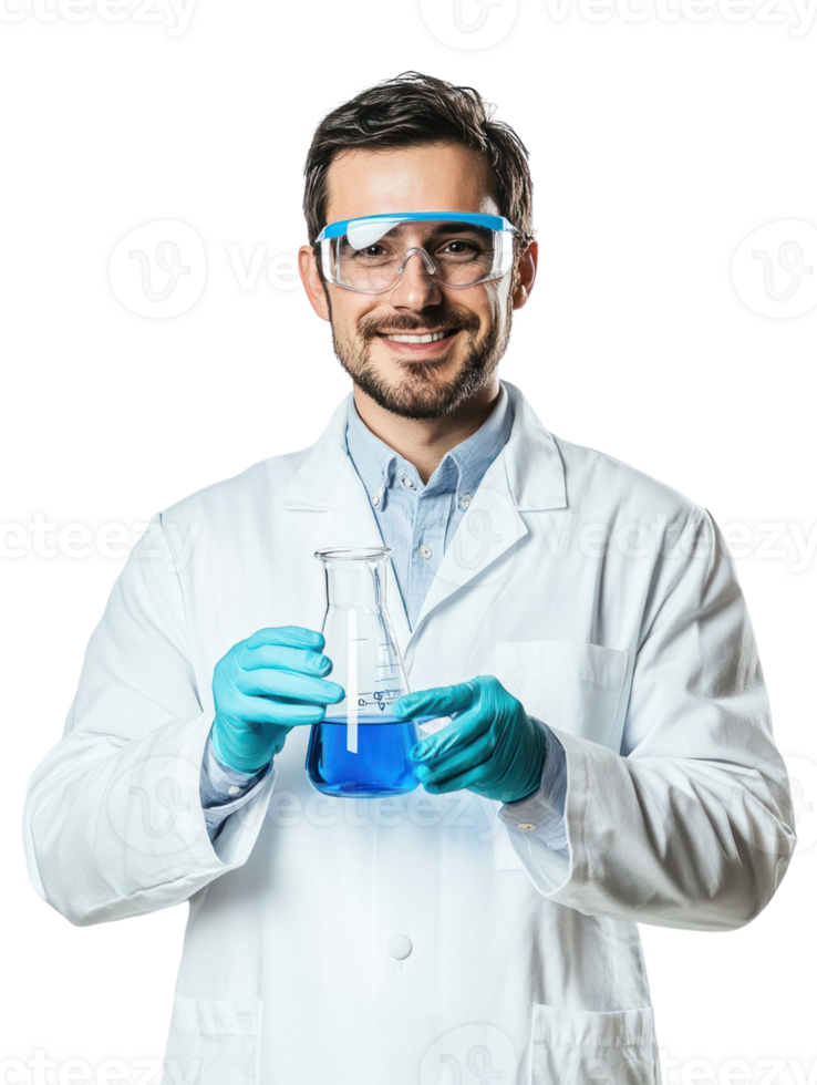 Smiling Male Scientist Wearing Protective Eyewear Holding Blue Liquid In Transparent Conical Flask png
