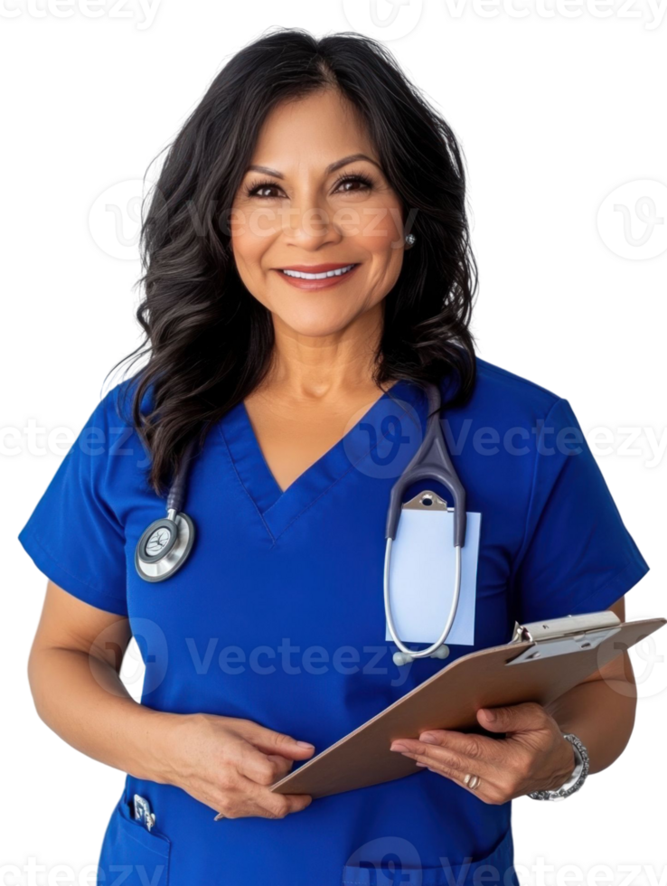 Smiling Healthcare Professional In Blue Scrubs Holding A Clipboard png