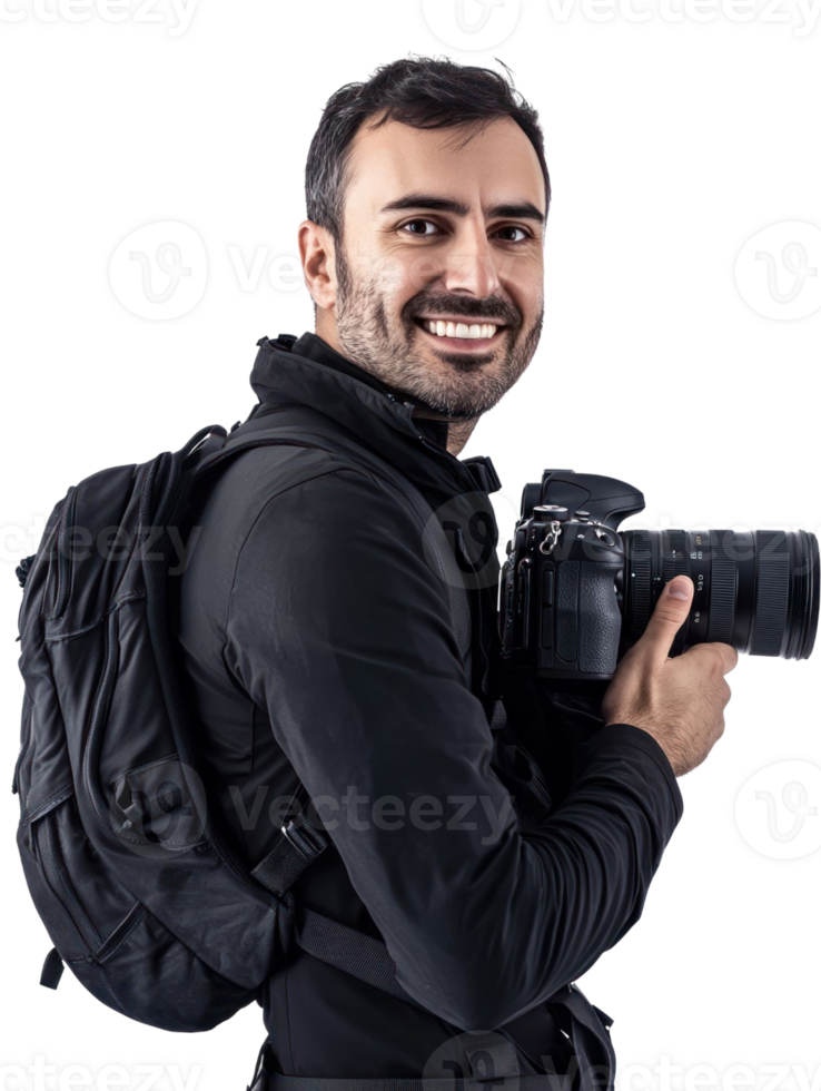 Smiling Man with Backpack Holding DSLR Camera with Black Jacket Isolated on Transparent Background png