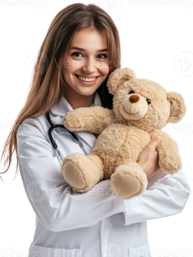 Smiling Female Doctor In White Coat Holding Teddy Bear With Stethoscope png