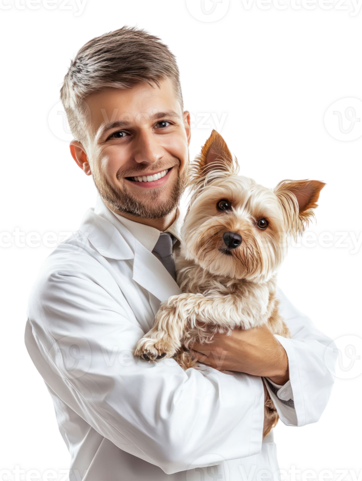Smiling Man in White Coat Hugging Yorkshire Terrier with Transparent Background png