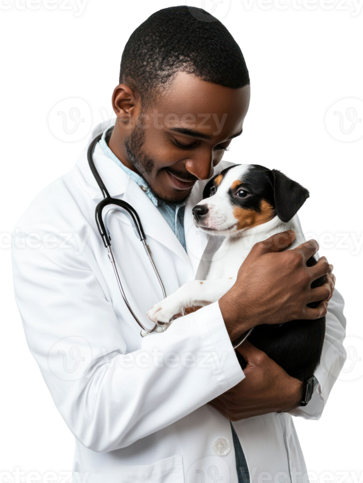 Smiling Veterinarian Embraces Small Puppy In White Coat With Stethoscope Isolated On Transparent Background png