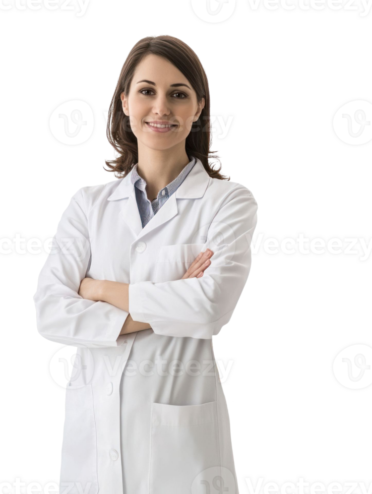 Smiling Woman In White Lab Coat With Crossed Arms On Transparent Background png