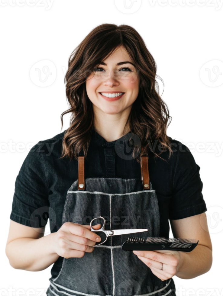 Smiling Woman Hairdresser Holding Scissors and Comb Isolated on Transparent Background png