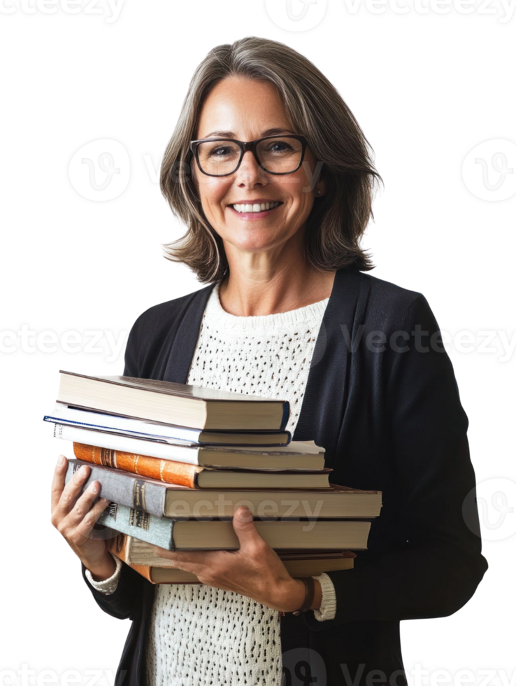 Smiling Woman in Glasses Holding Stack of Books with Transparent Background png