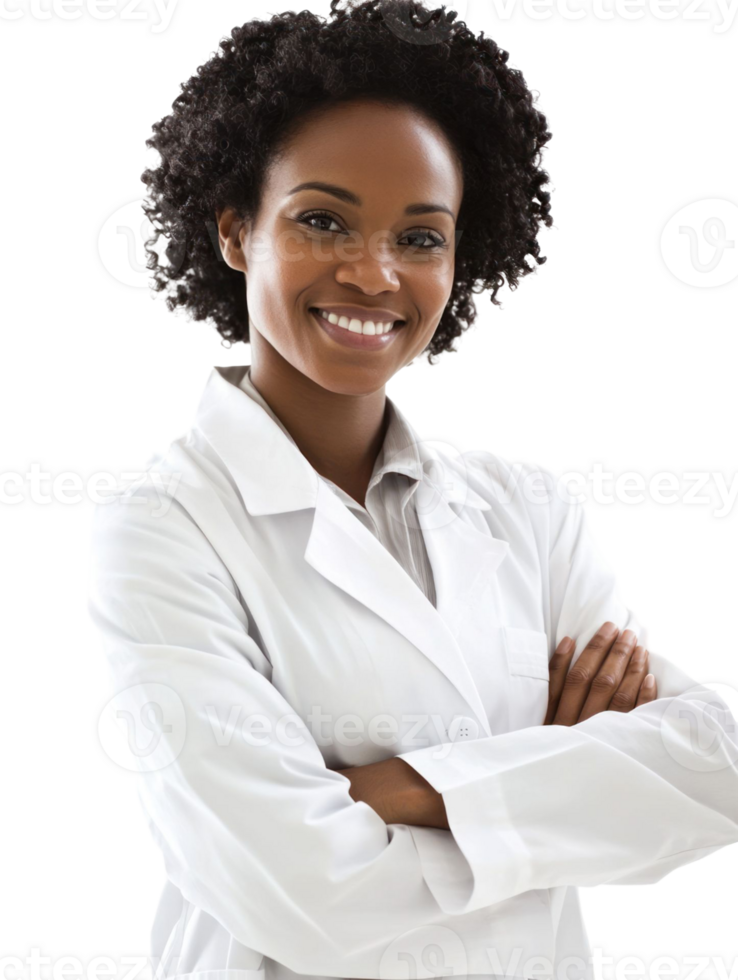 Smiling Woman With Crossed Arms In White Lab Coat Isolated on Transparent Background png