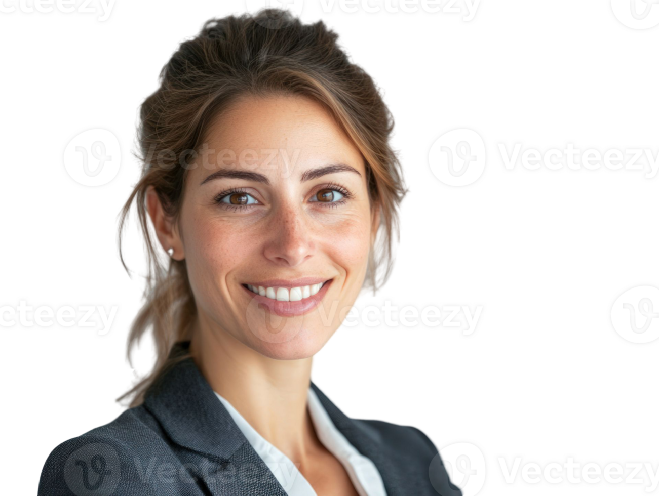 Smiling Woman Portrait Wearing Gray Blazer Isolated on Transparent Background png
