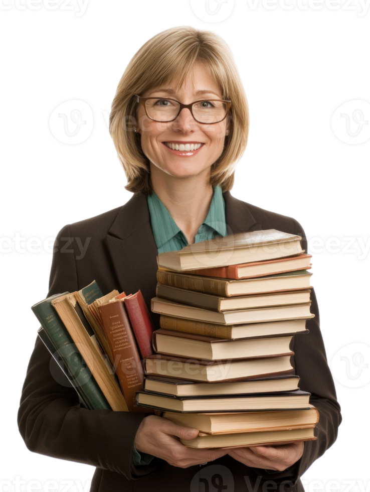 Smiling Woman With Glasses Holding Stack Of Books Transparent Background png