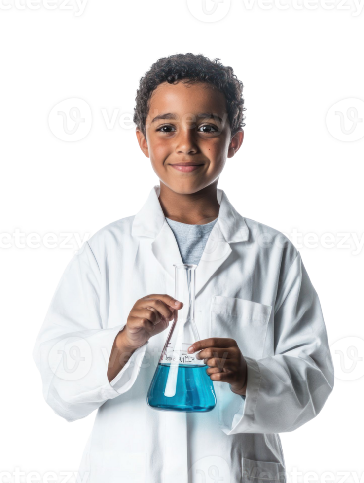 Smiling Young Boy In White Lab Coat Holding Blue Liquid Flask on Transparent Background png