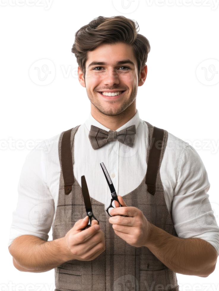 Smiling Young Barber Holding Scissors Wearing Apron and Bow Tie Isolated Against Transparent Background png