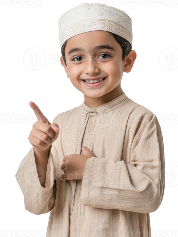 Smiling Young Boy in Traditional Islamic Attire Pointing Upward with Finger against Transparent Background png