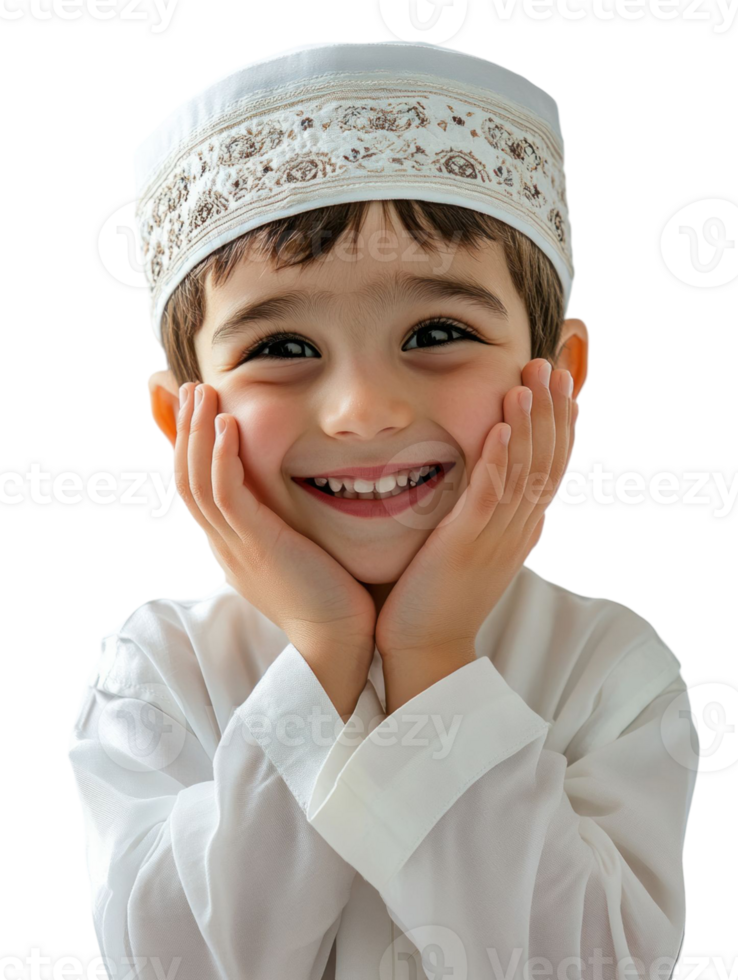 Smiling Young Boy Wearing White Religious Attire And Hat with Hands Near Face Isolated On Transparent Background png