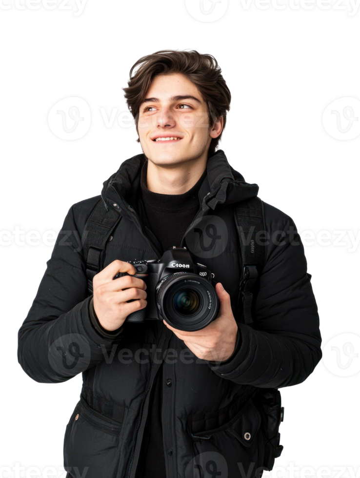 Smiling Young Man Photographer in Black Winter Coat Holding Digital Camera with Transparent Background png