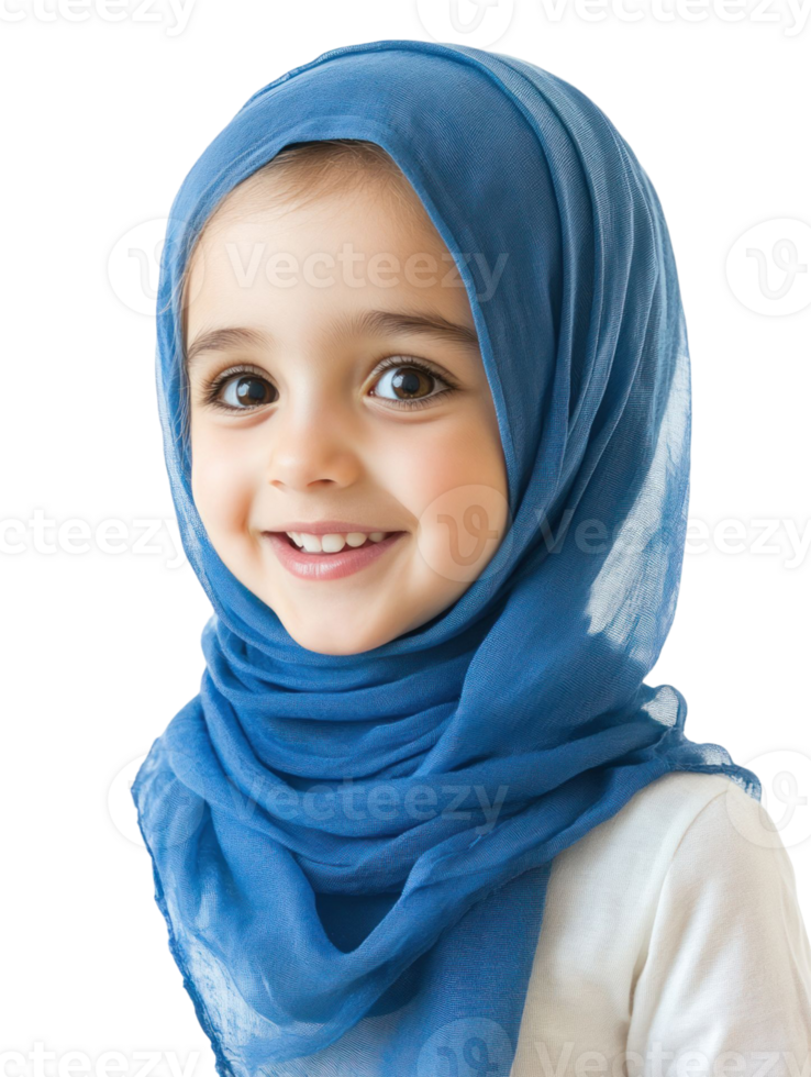 Smiling Young Girl in Blue Hijab and White Top Portrait with Transparent Background png