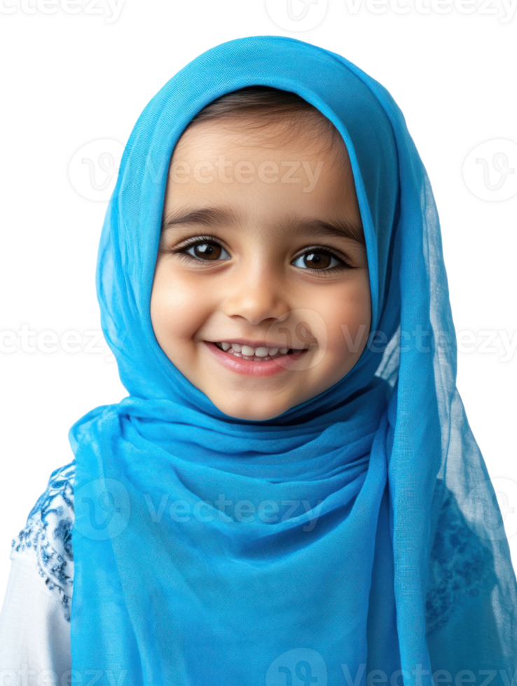 Smiling Young Girl Portrait with Blue Hijab Against Transparent Background png
