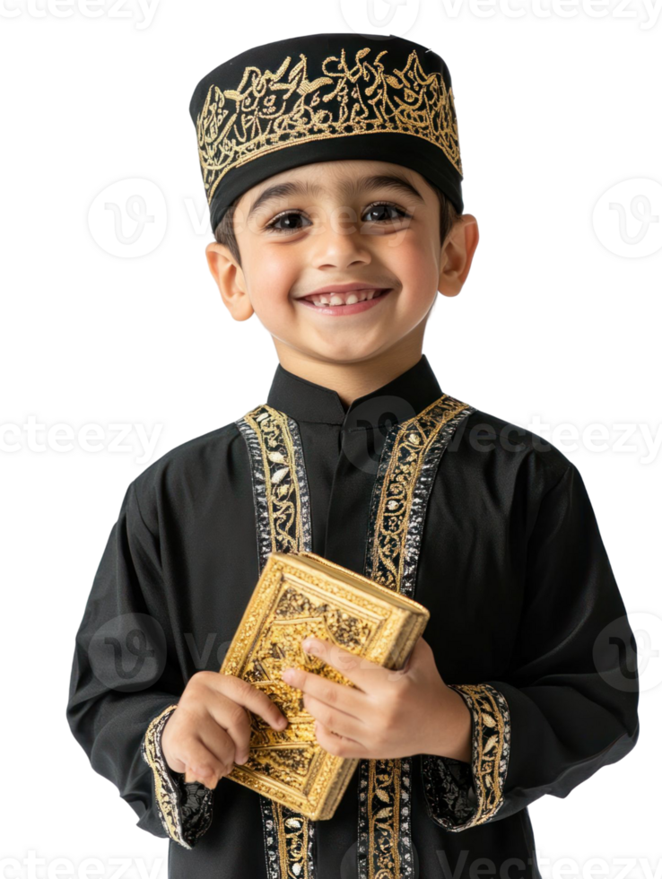 Smiling Young Muslim Boy in Traditional Attire Holding Golden Book png