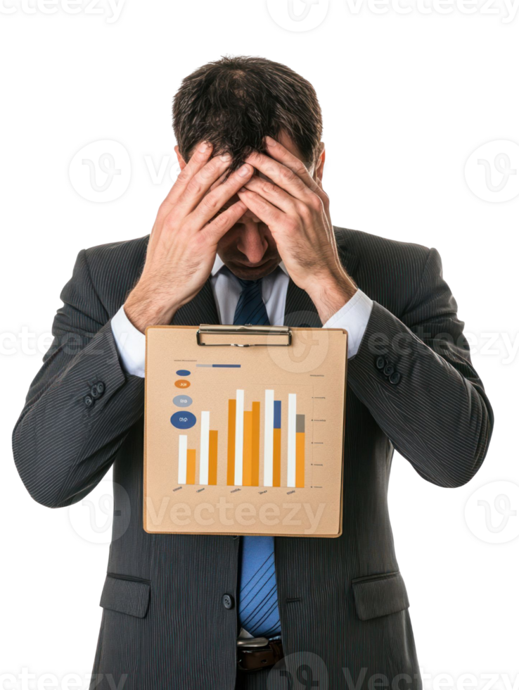 Stressed Businessman In Suit Holding Head Over Chart With Data In Transparent Background png