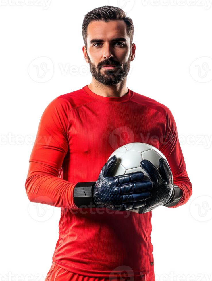 Soccer Goalkeeper In Red Uniform Holding Soccer Ball With Focused Expression On Transparent Background png