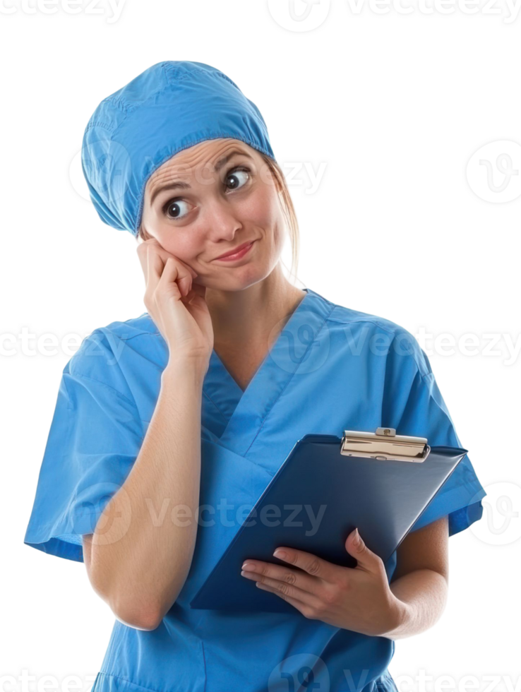 Thoughtful Medical Professional In Blue Scrubs Holding Clipboard with Uncertain Expression on Transparent Background png
