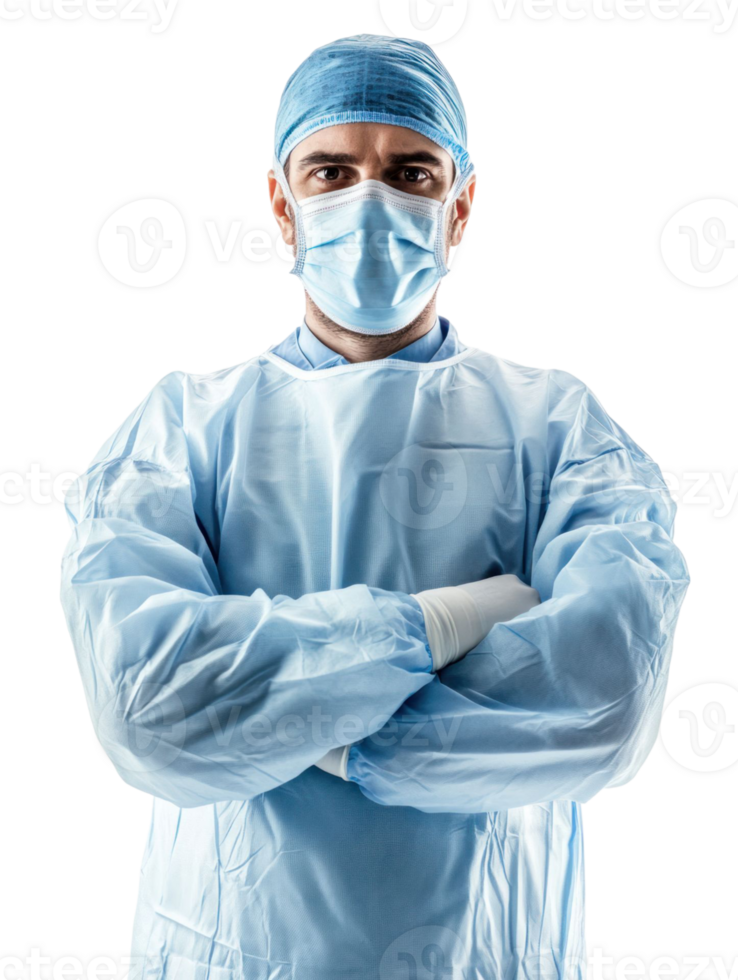 Surgeon In Blue Surgical Attire With Crossed Arms And Face Mask Against Black Background png