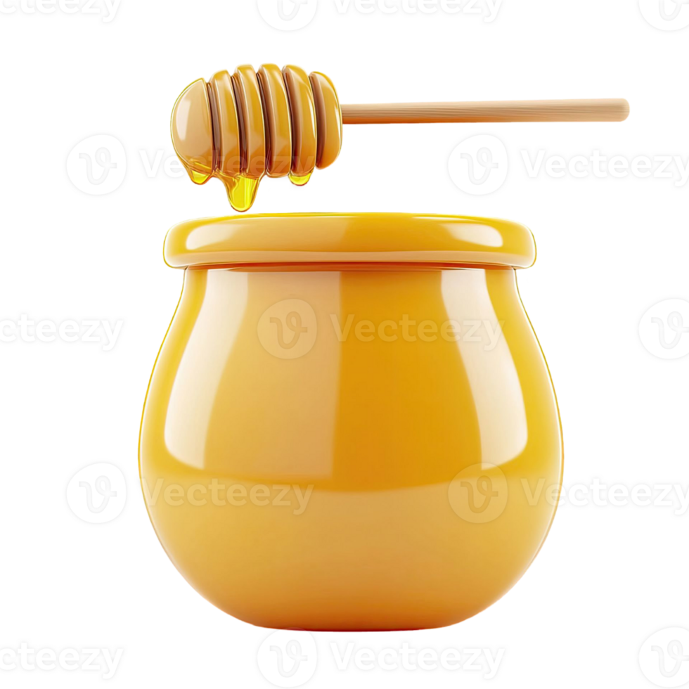 3D Render of a Honey Jar with a Wooden Dipper Dripping Honey on Transparent Background png
