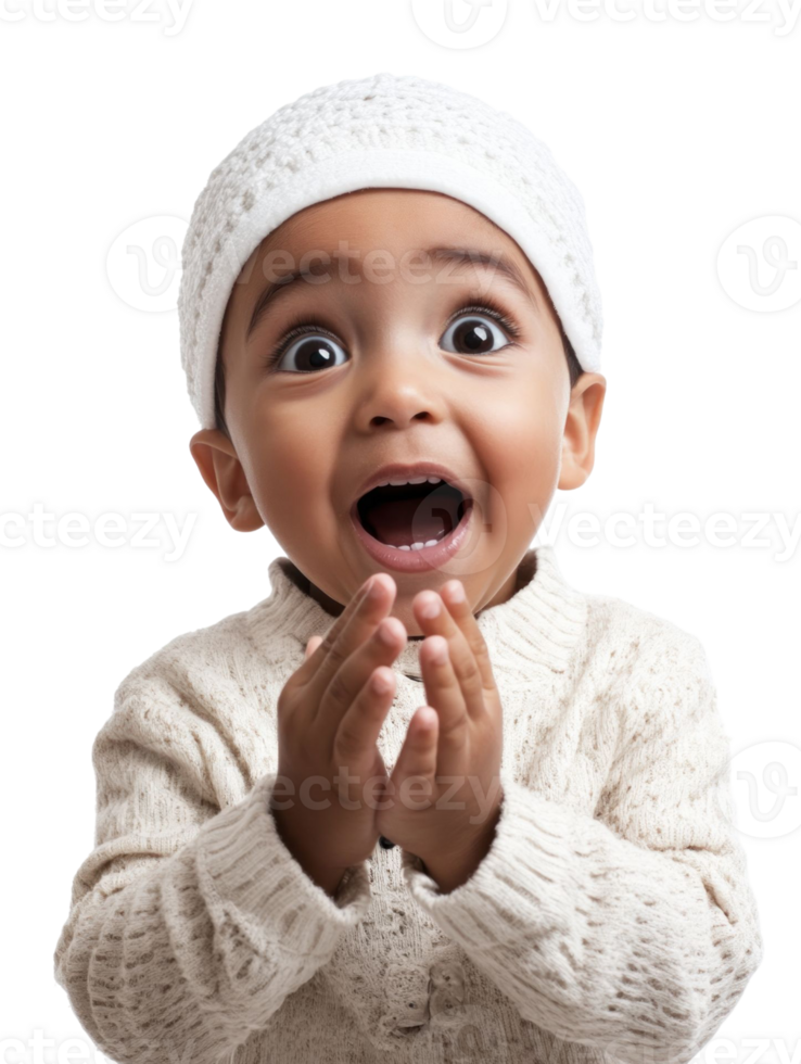 Young Child With Surprised Expression Wearing Knitted Beanie and Sweater on Transparent Background png