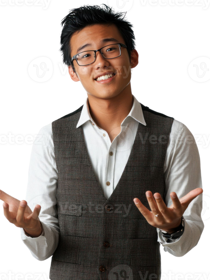Young Asian Man Smiling with Glasses and Outstretched Arms in a Studio Shot with Transparent Background png