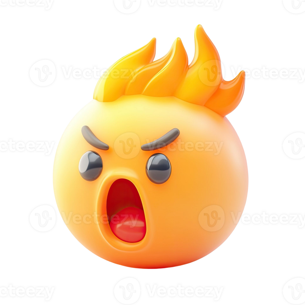 3D Render Of An Angry Emoji With Orange Face Open Mouth And Flames Against Transparent Background png