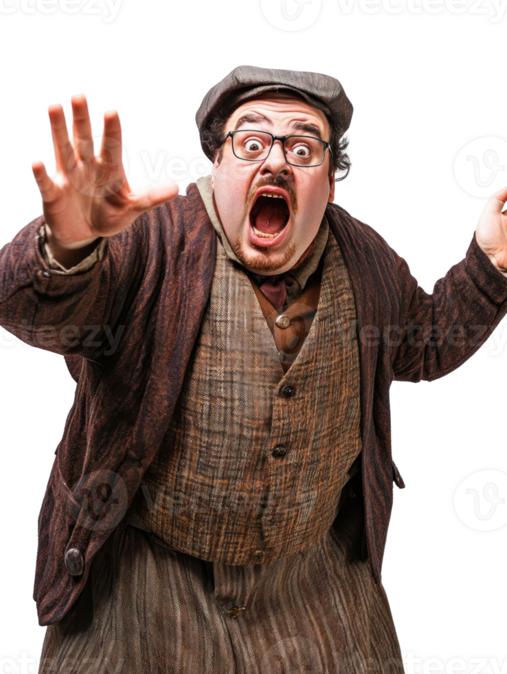 Startled Man with Glasses and a Hat in Alarmed Expression with Open Mouth and Outstretched Arms in Transparent Background png