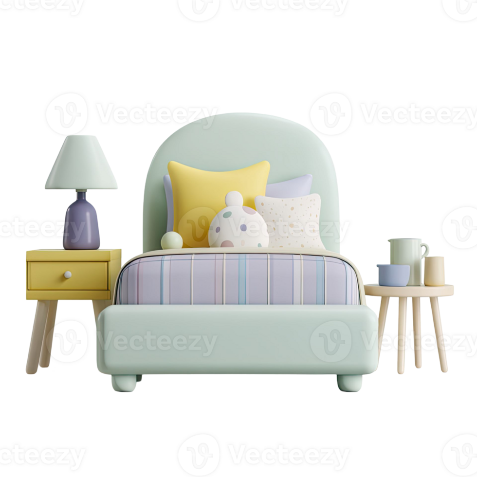3D Render of Pastel Bedroom Interior with Bed Nightstand Lamp and Decorative Items on Transparent Background png