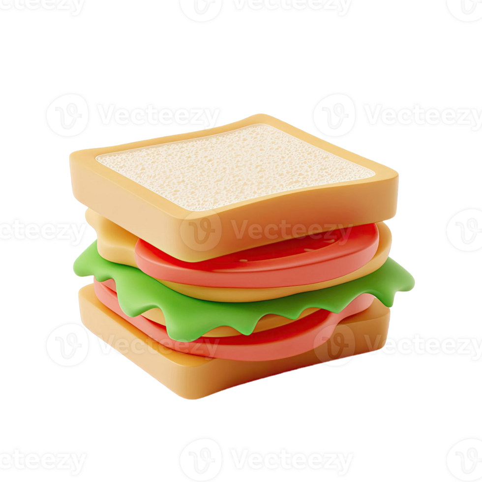 3d render do uma sanduíche com pão tomate alface e queijo em transparente fundo png