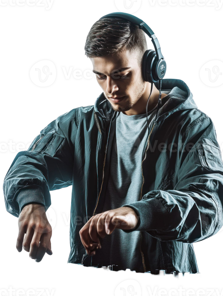 Young Man in Jacket and Headphones Listening to Music Isolated on Transparent Background png