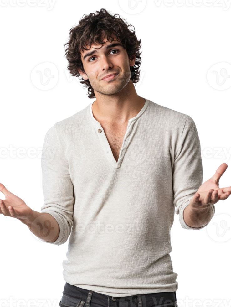 Young Man with Curly Brown Hair in White Casual Shirt with Open Hands on Transparent Background png