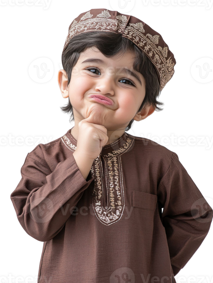 Young Boy in Traditional Brown Attire Poses Thoughtfully with Hand on Chin and a Curious Expression png