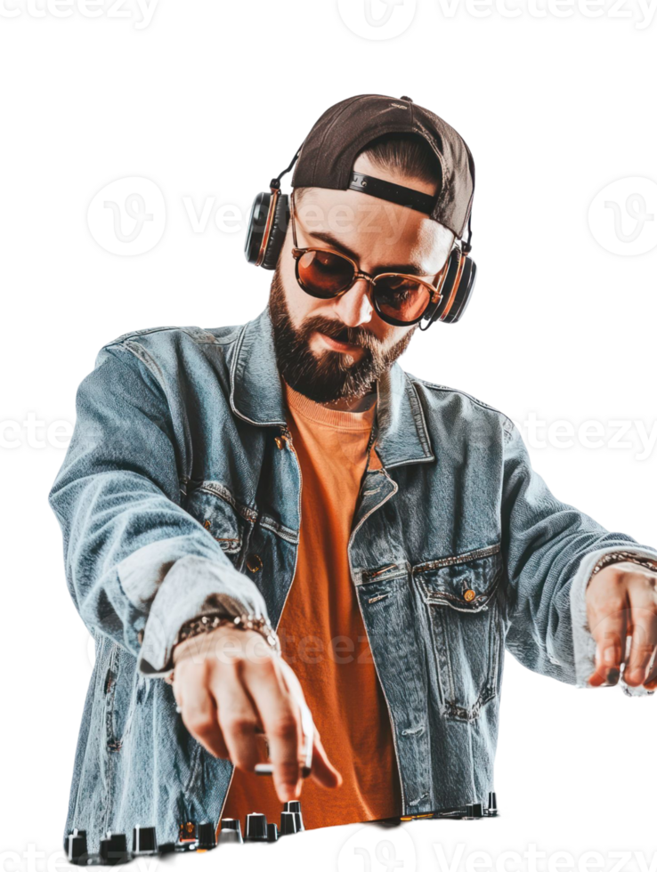 Young DJ with Headphones and Sunglasses Working on a Mixing Console with Transparent Background png