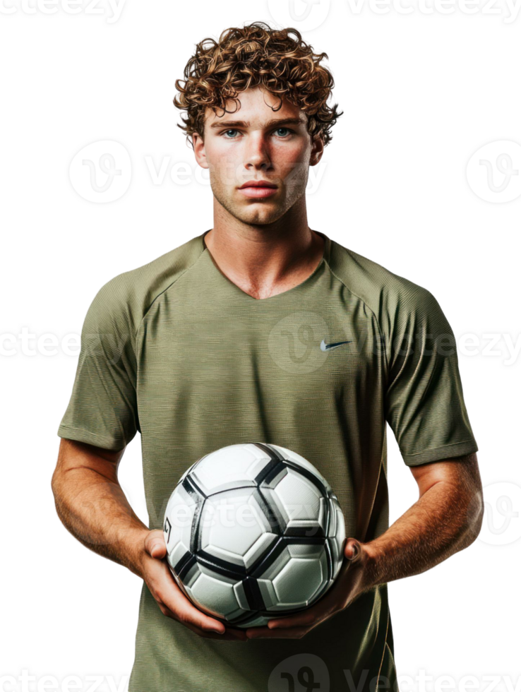 Young Man With Curly Hair Holding Soccer Ball Against Transparent Background png
