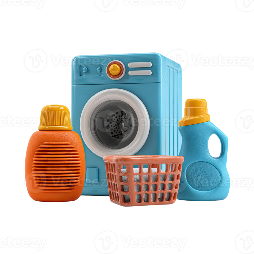 3D Render Of Laundry Items With Washing Machine Detergent Bottles And Basket With Clothing On Transparent Background png