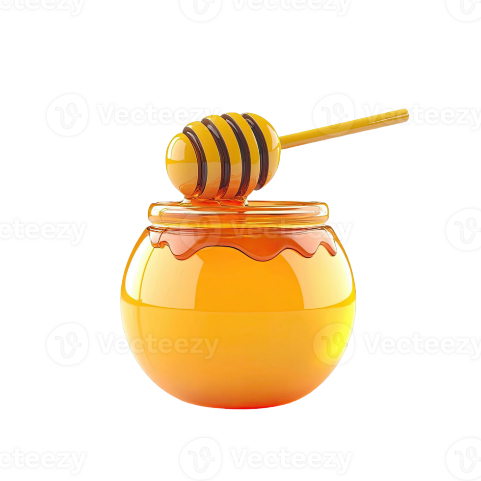 3D Rendered Honey Pot with Dipper Against Transparent Background Depicting Sweet Dessert with Orange and Yellow Colors png