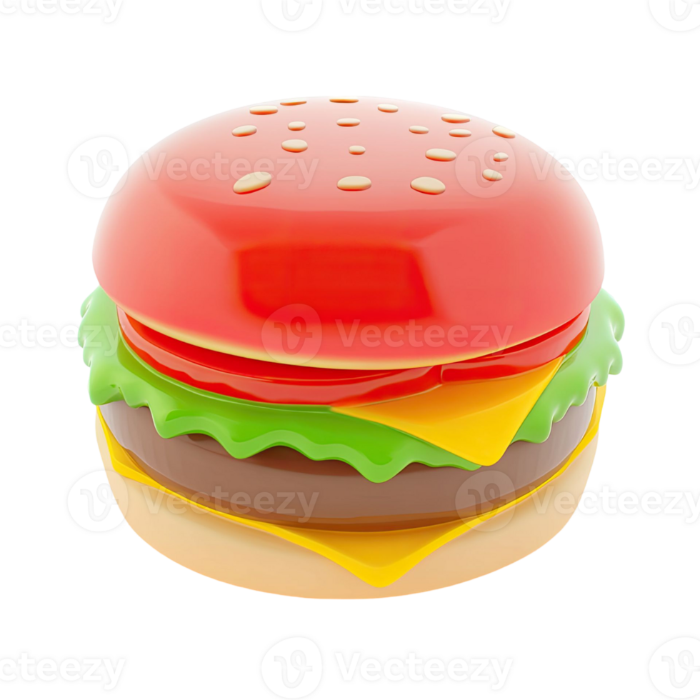 3D Rendered Isolated Burger with Transparent Background Featuring Red Bun Tomato Green Lettuce and Yellow Cheese png