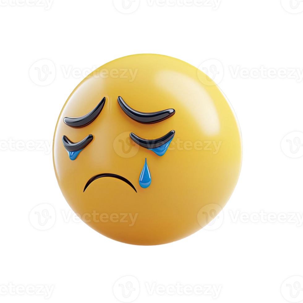 3D Rendered Sad Yellow Emoji with Tears on Transparent Background Displaying Grief and Sorrow png