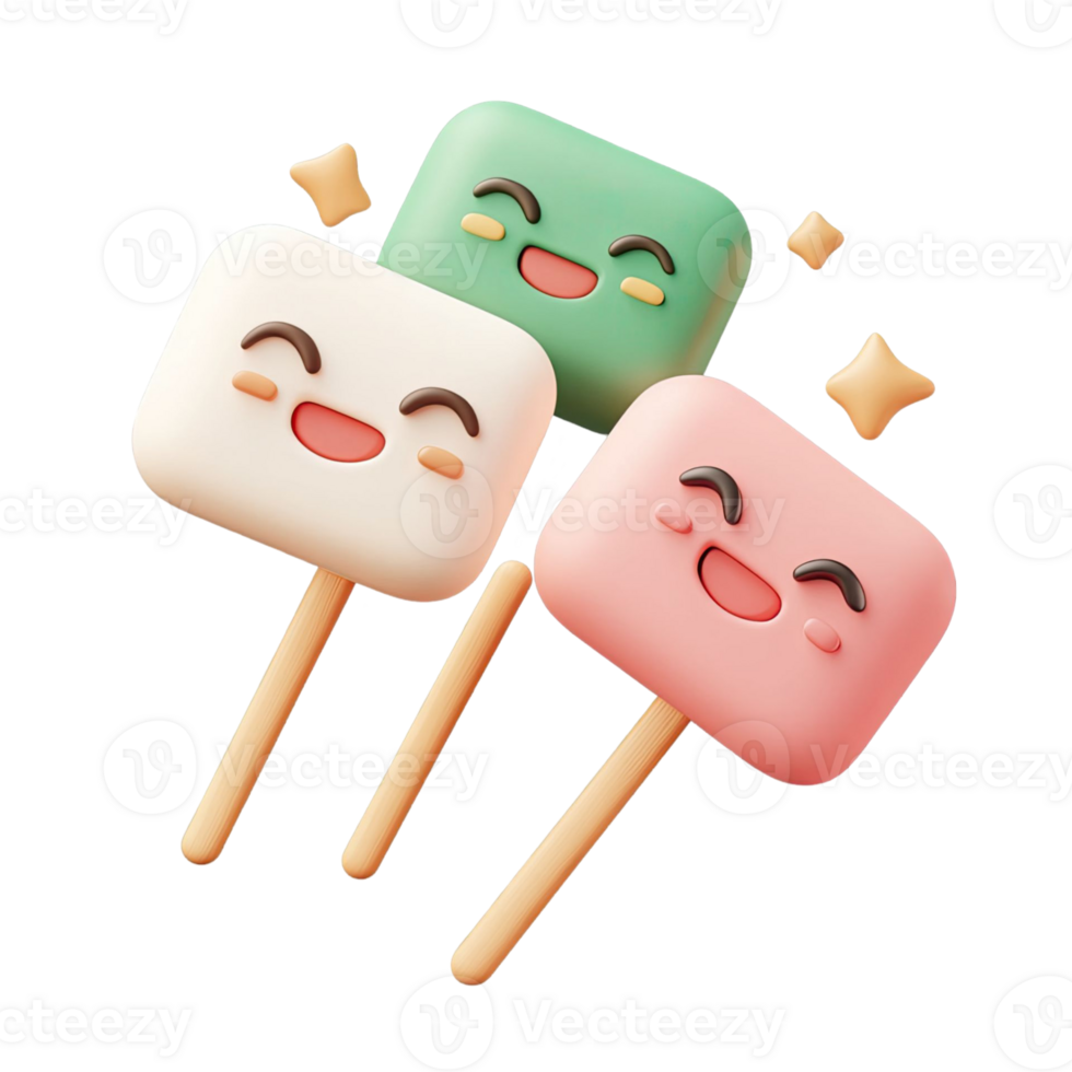 3D Rendered Smiling Marshmallow Pops In Pink Green And White With Star Accents On Transparent Background png