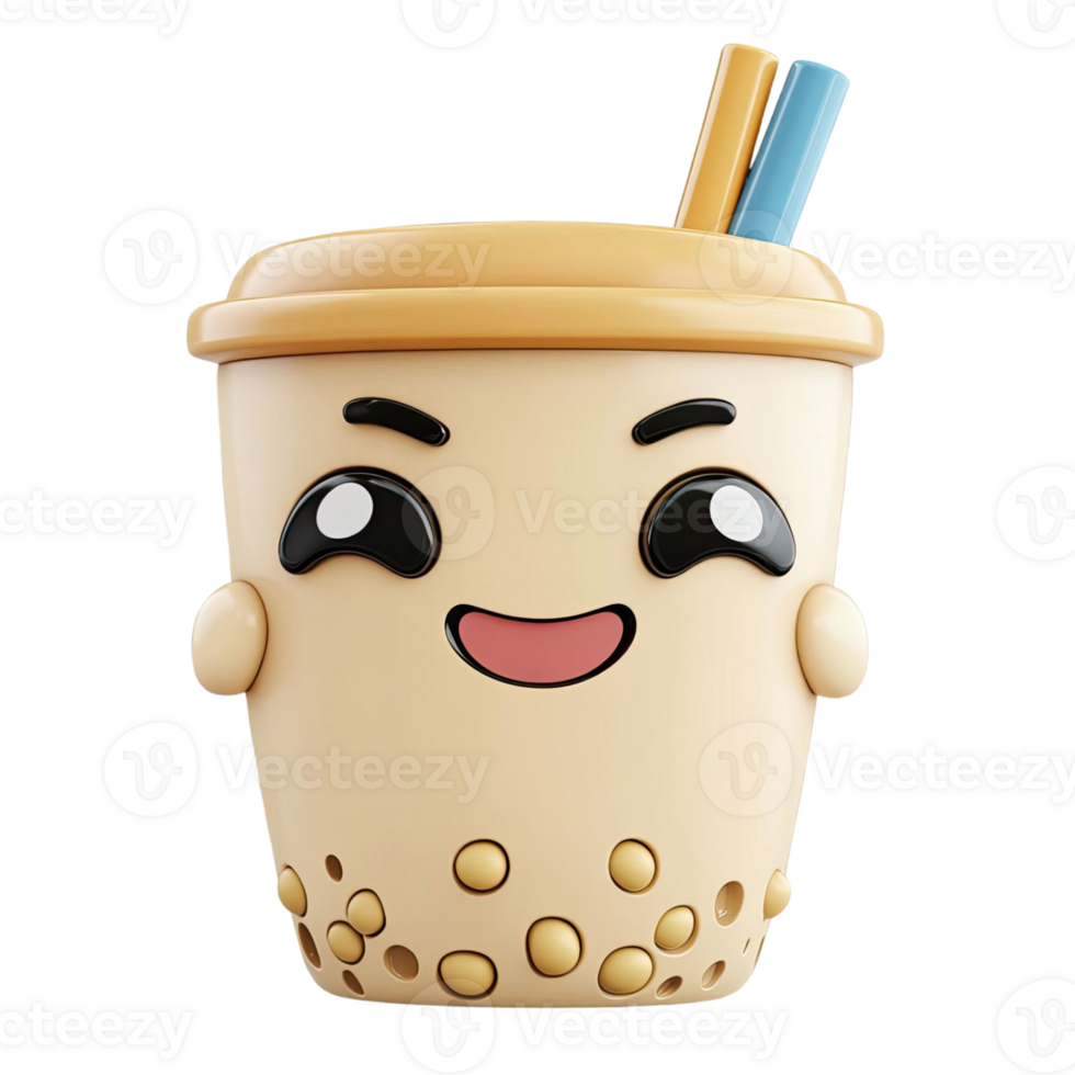 3D Rendered Smiling Boba Tea Character With Straw On Transparent Background png