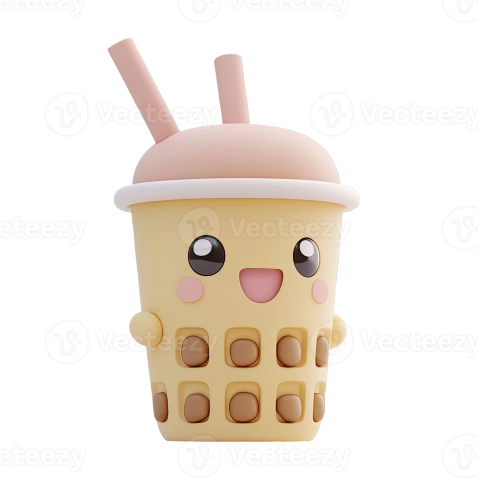 Cartoon 3D Rendered Boba Tea Cup With Transparent Background Smiling Face and Pink Cheeks png