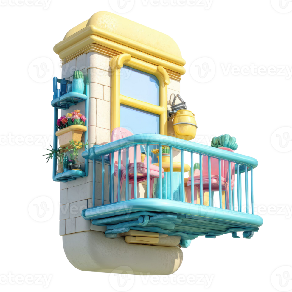 Cartoon Balcony With Window Flowers and Seating on Transparent Background in Colorful Palette png