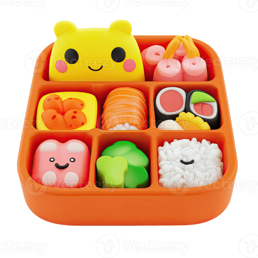 Cartoon Bento Box Isolated On Transparent Background Featuring Various Food Items in Orange and Yellow png