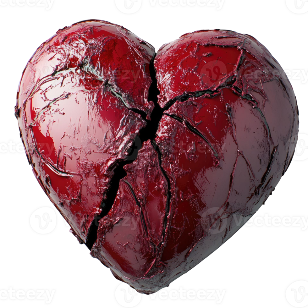 Broken Heart Rendered With Deep Red Tones And Visible Cracks On Transparent Background png